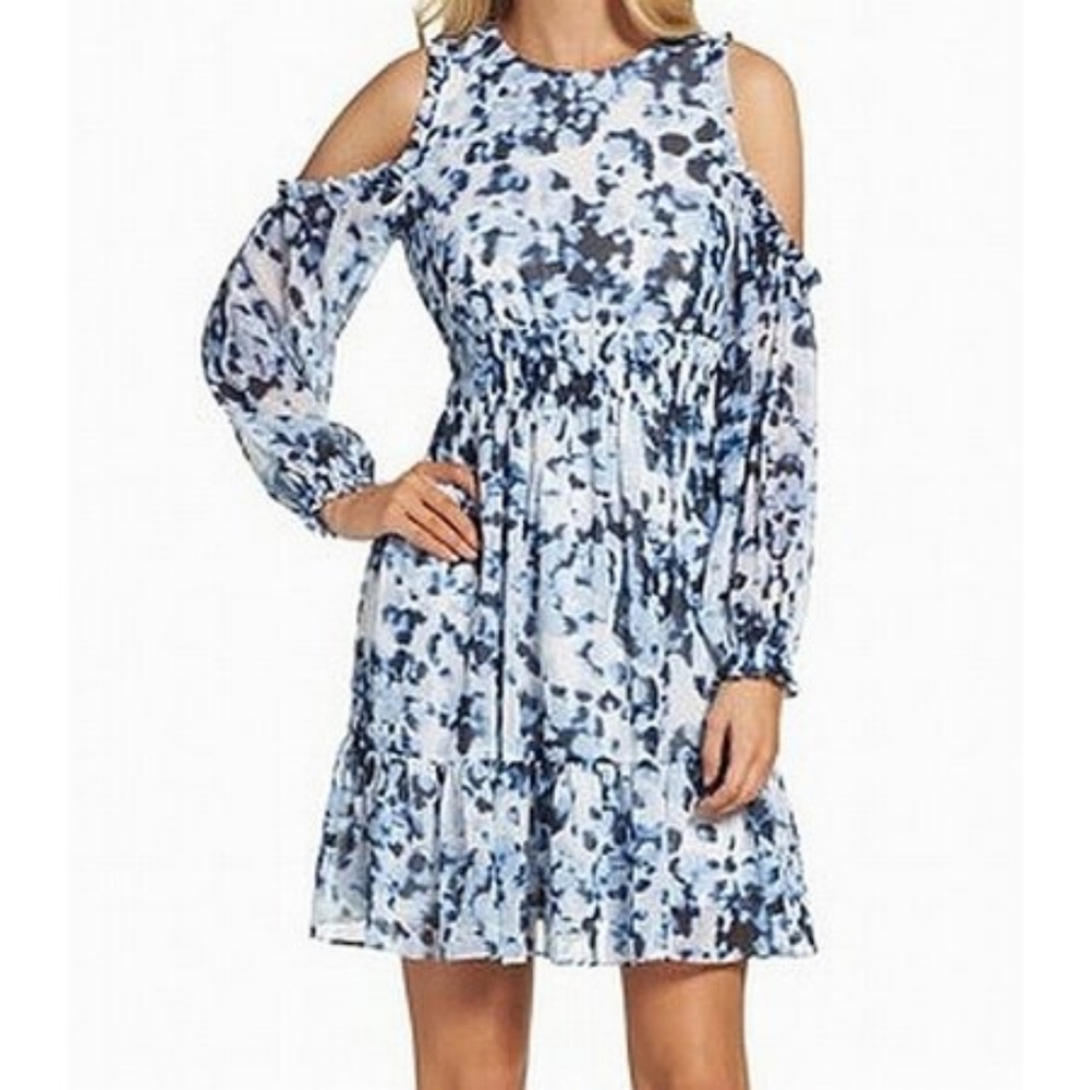 ELIZA J Petite blue cold shoulders ruffle dress
